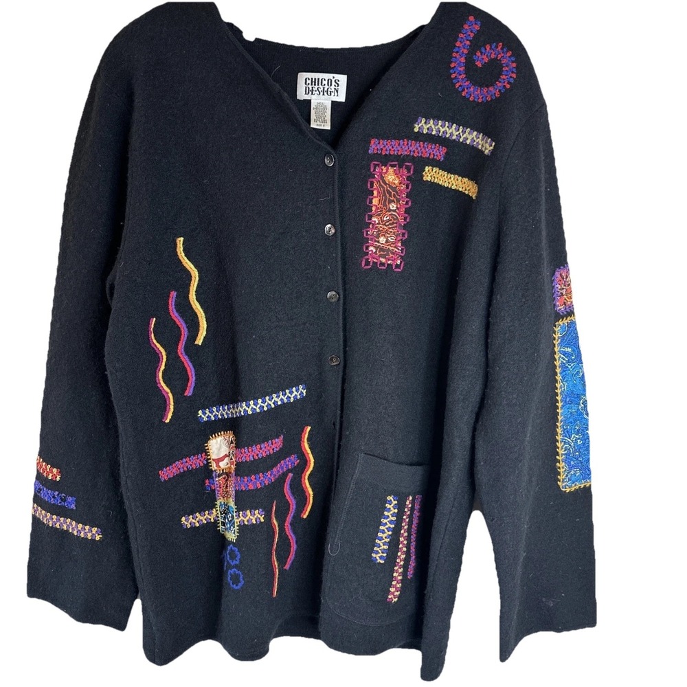 Chicos Design Black Embroidered Wool Patchwork Artsy Cardigan Sweater Size 2/L